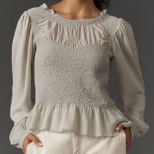 By Anthropologie Balloon-Sleeve Smocked Peplum Blouse Top Ruched Gray